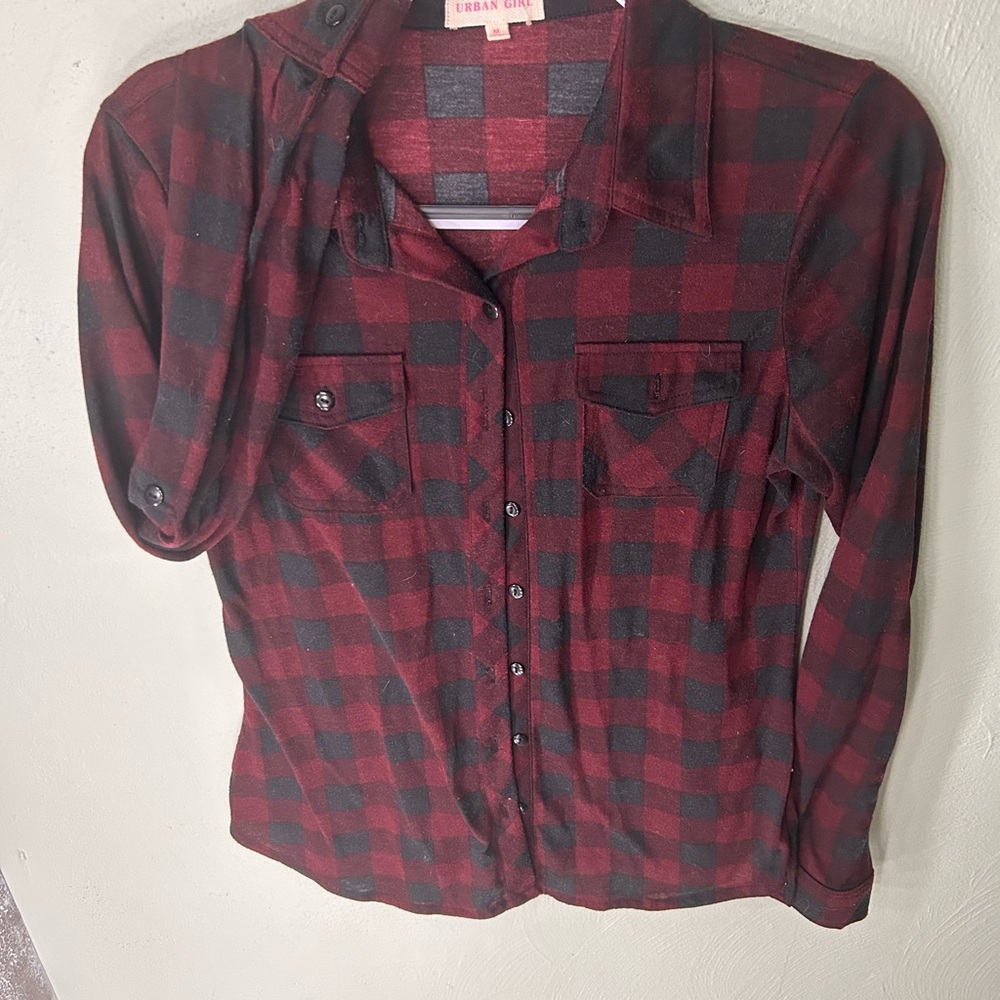 Red and Black Plaid Button-Up Shirt, M